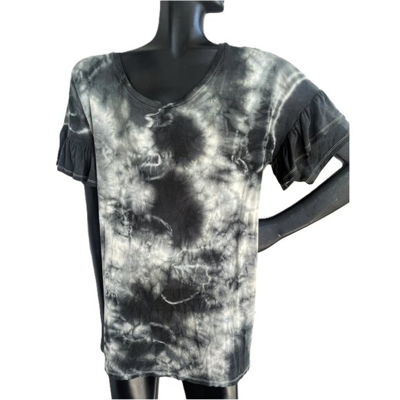 3/$25 🆕 Hand Tie-Dyed Ruffle Sleeve Tee | Dark Denim Turquoise | Rayon - Picture 4 of 5